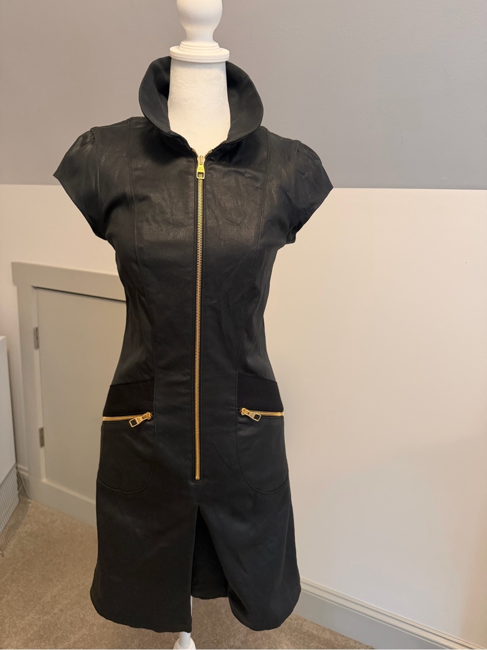 Louis Vuitton Black Short-Sleeve Leather Zip Dress with Gold Hardware